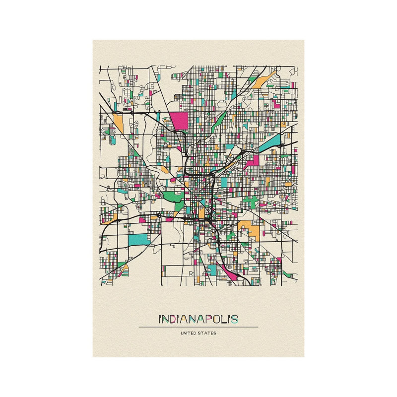 Indianapolis, Indiana Map by Ayse Deniz Akerman - Wrapped Canvas Print, 20.32 cm H x 30.48 cm W