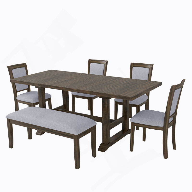 Ensemble de table de salle à manger extensible 6 pièces avec rallonge amovible, table de cuisine avec chaise d'appoint rembourrée et un banc