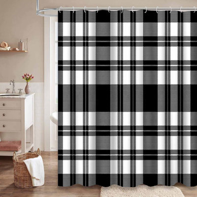 Fabric Black Plaid Buffalo Check White Shower Curtain with 12 Hooks