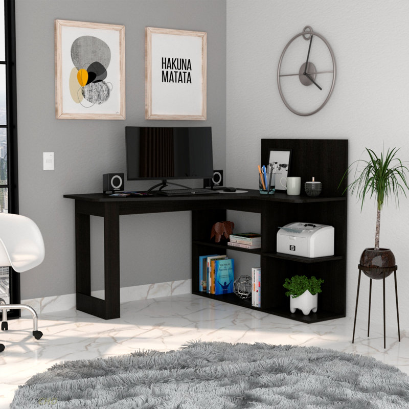 Masai Writing Computer Desk, Five Open Shelves, Black