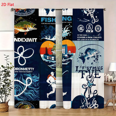 2 Pack Fishing Theme Window Curtains Decorative Rod Pocket Drapes For Bedroom Living Room Artistic Bass Fish Pattern Window Treatment Set For Outdoor Lovers Sports Decor Housewarming Gift