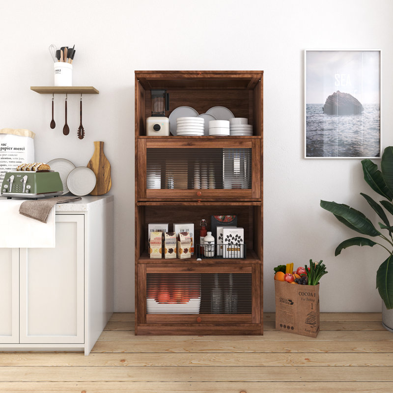 Buffet en bois massif avec portes en verre et rangement à 4 niveaux? - Buffet de cuisine de 32 po de largeur pour la salle à manger, armoire de rangement en vitrine, finition espresso