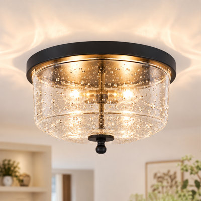 Plafonnier vintage noir encastré, 30 cm (12 pouces), 2 lumières, abat-jour en verre épais texturé HD, style ferme, idéal pour la cuisine, l'entrée, le hall ou le couloir.