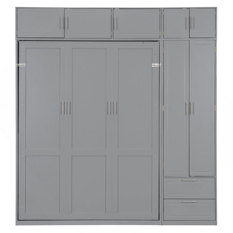 Grand lit escamotable mural avec armoire supérieure, tablettes et garde-robe, lit pliant peu encombrant, gris