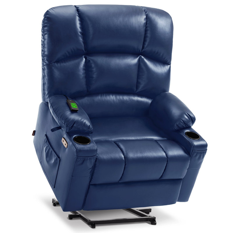 Megham Wide Lay Flat Dual Motor Power Recliner Lift Chair with Massage and Heat, Faux Leather, Blue Faux Leather