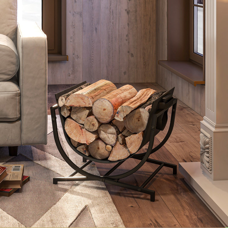 Black Steel Folding Firewood Rack with Canvas Carrier
