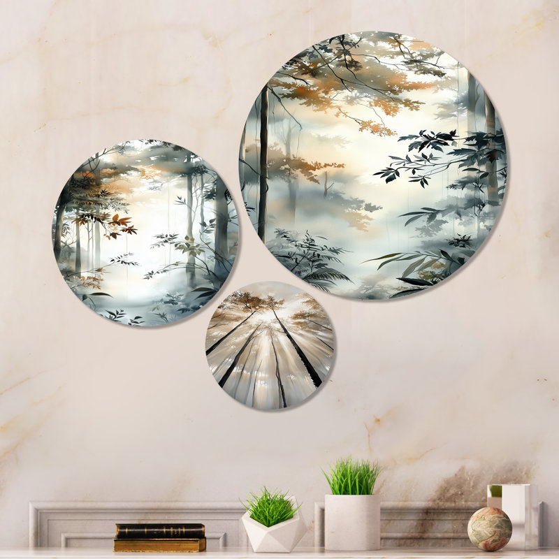«Sunlit Canopy rainforest - Gray Forest», art mural en métal 3 pièces