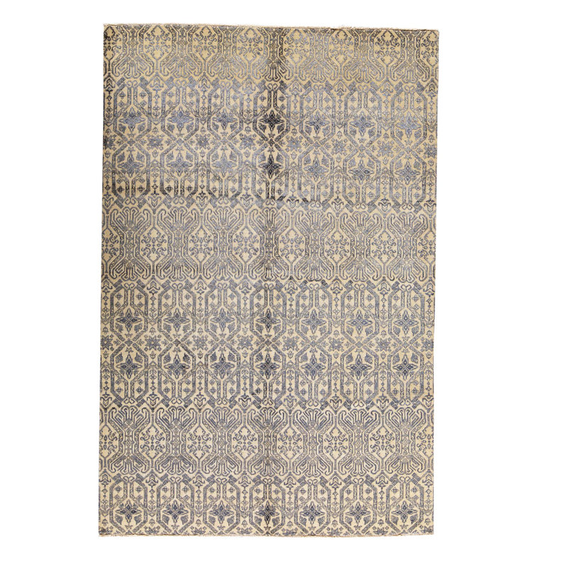 Tapis beige / bleu marine noué à la main de grande qualité de conception unique 6 pi x 9 pi