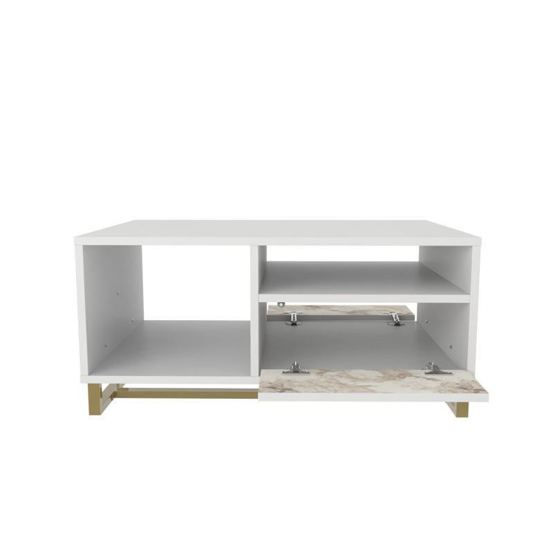 Medon 90cm W Coffee Table, White Top/White Marble Effect Cabinet
