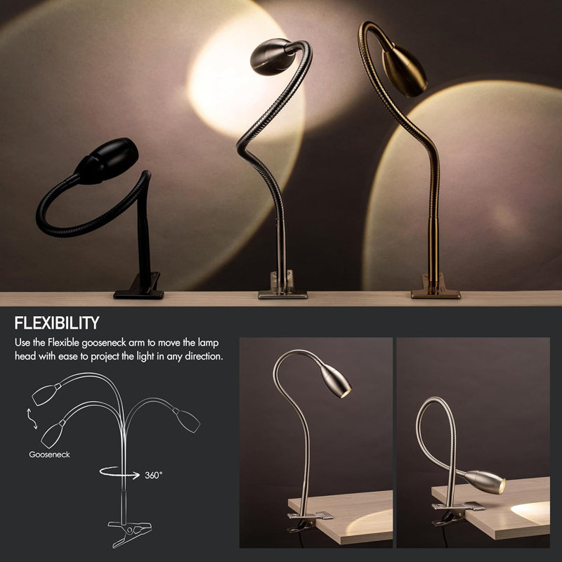 Zerline Adjustable Metal Clip-on Lamp 360 Degree Flexible Gooseneck Lamp, Nickel