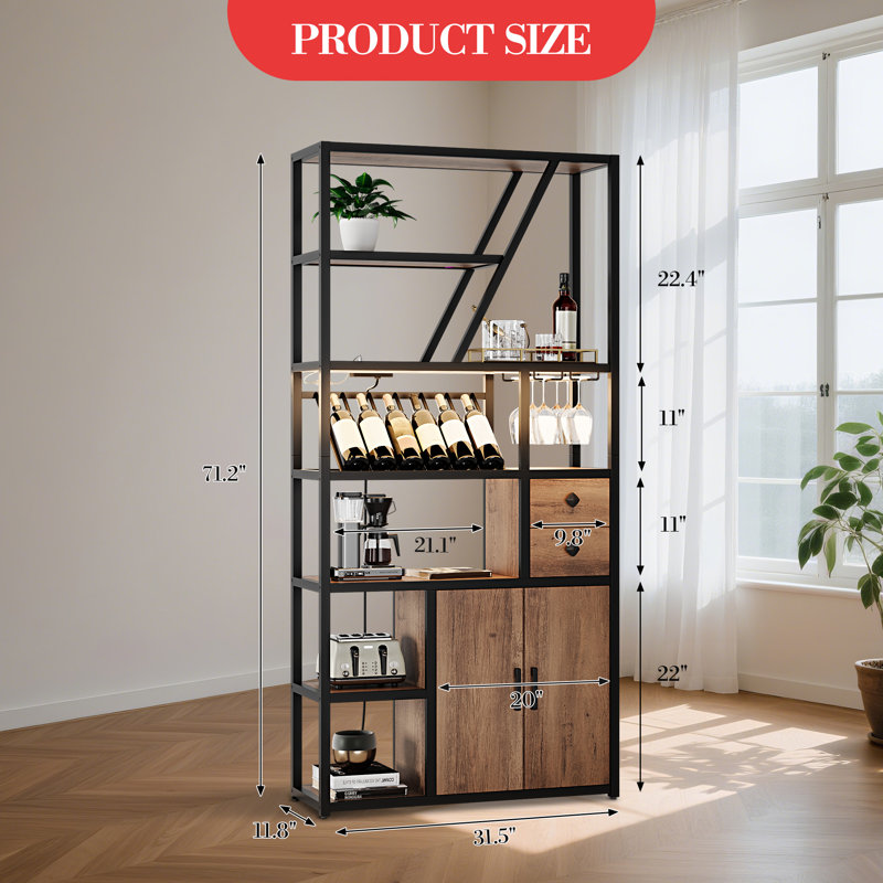 Armoire à vin avec rangement, plancher autoportant pour porte-bouteilles, rangement pour bar à café, Brun