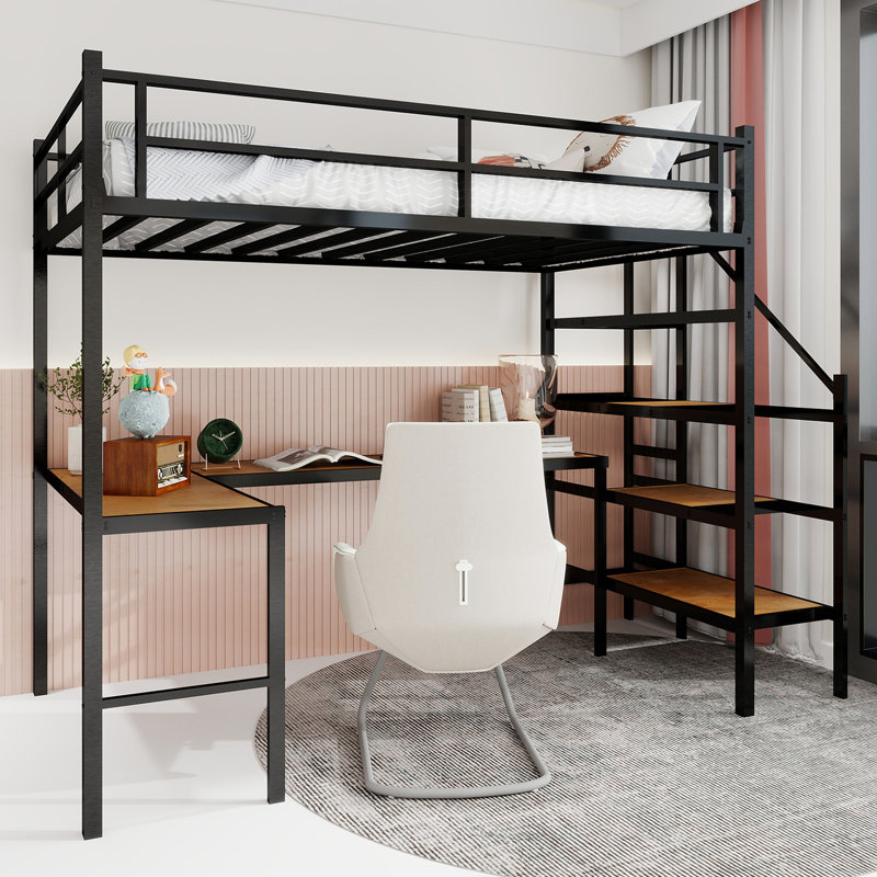 Lit mezzanine simple en fer noir avec escalier, garde-corps 360, espace de travail peu encombrant et tiroirs de rangement dans la structure de la chambre à coucher, bureau en L pour la décoration