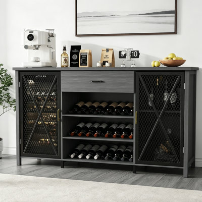 71'' Wine Bar Cabinet, Modern Buffet Cabinet with Storage Drawer and Adjustable Shelf, Industrial Coffee Bar Table with Wine Racks for Kitchen, Dining Room, Living Room, Black