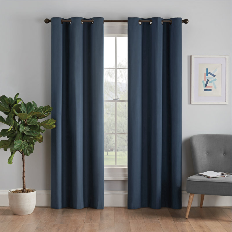 Microfiber Blackout Grommet Curtains, Solid Thermaback Window Curtains, Navy, 42" W x 63" L