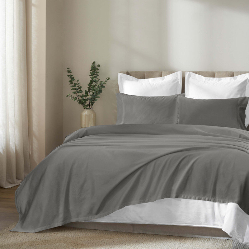 Ensemble de draps en coton Apus, Gris, Ensemble de draps pour lit simple avec 1 taie d'or, Convient jusqu'à 15 po