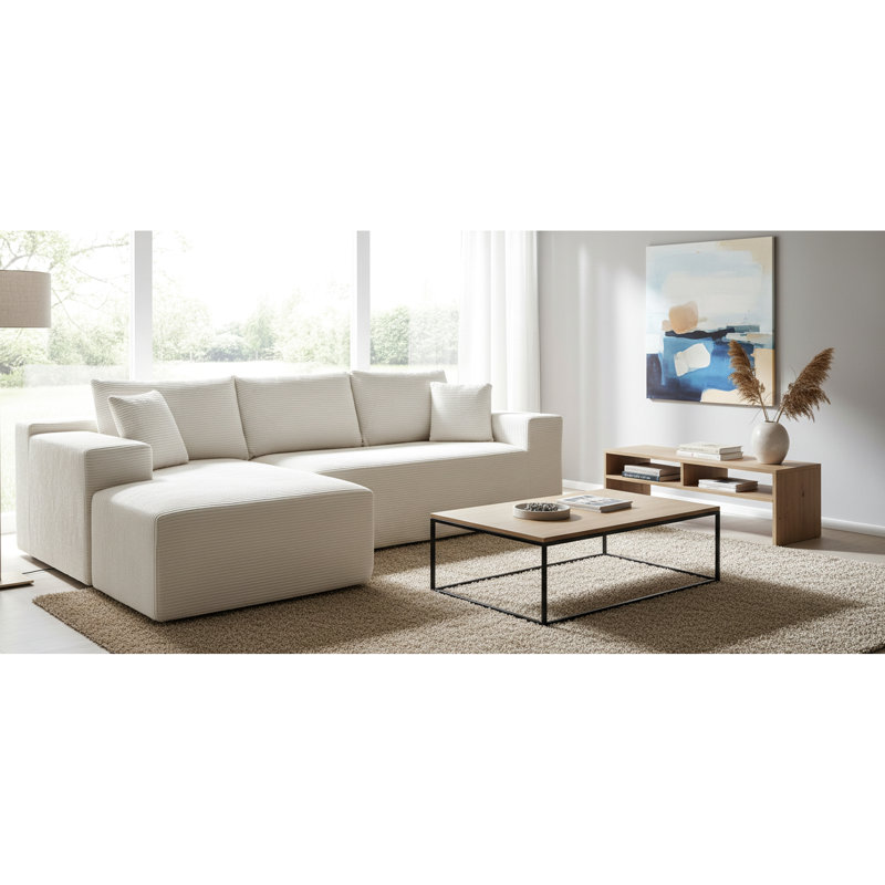 Upholstered Fabric Sectional, Tissu beige, 30.03" H x 61.3" W x 95.41" D