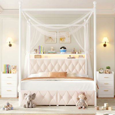 Kids Bedroom Set: LED Canopy Bed Frame with Charging Ports + 2 Nightstands with Outlets & Drawers (Creamy White, F Sizes)