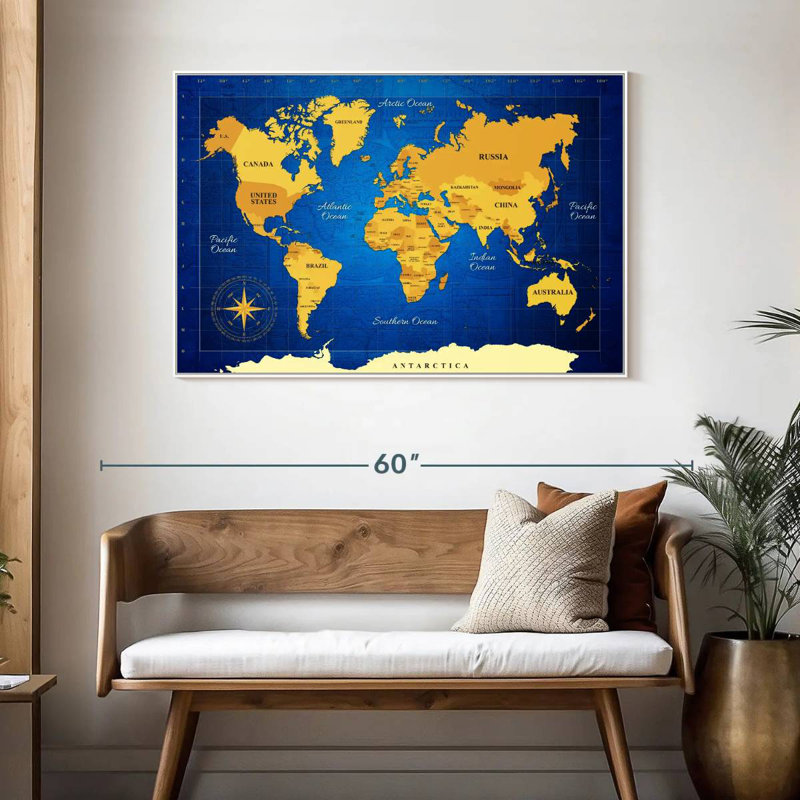 Carte du monde jaune, Cadre flottant blanc, 46 po x 31 po