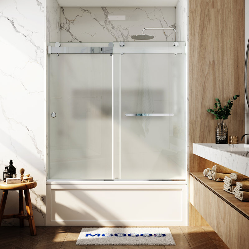 Porte de baignoire à double fermeture coulissante sans cadre avec verre givré de 3/8 po (10 mm) Opal Mirage MCOCOD l 56-61 "x H 66"