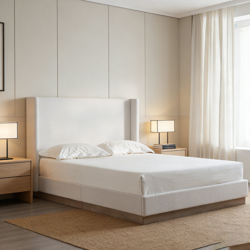 Lit à oreilles tapissier avec tête de lit haute Hosford, design minimaliste, charme rustique, aucun sommier tapissier, toile ivoire texturée, sommeil silencieux