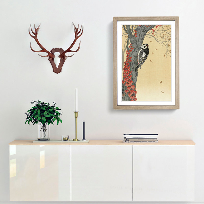 Great Spotted Woodpecker by Ohara Koson - Picture Frame Painting Print, 65cm H x 48cm W x 2cm D, Oak Framed