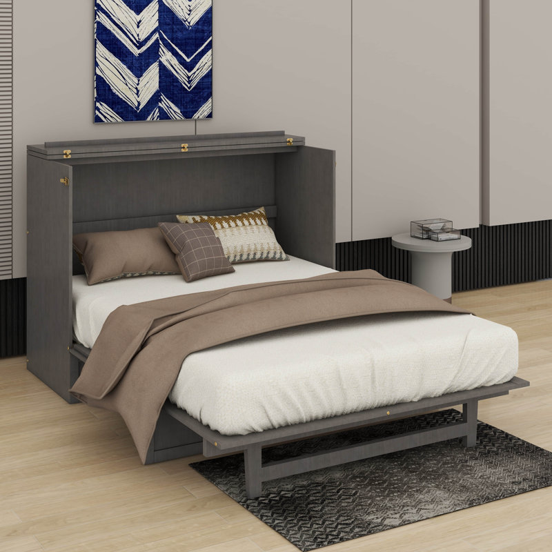 Lit escamotable double avec grand tiroir et ports USB, Gris brossé