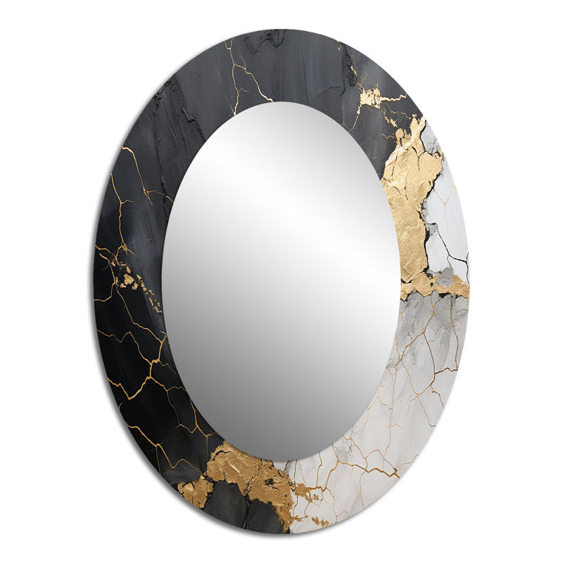 Black Gold Adorned Poteries III - Large Oval Wall Mirror On Metal, 40" x 30"