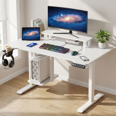 Ergonomic 55" Electric Standing Desk With Monitor Riser, Cpu Shelf & 4 Memory Presets - White Carbon Fiber Finish