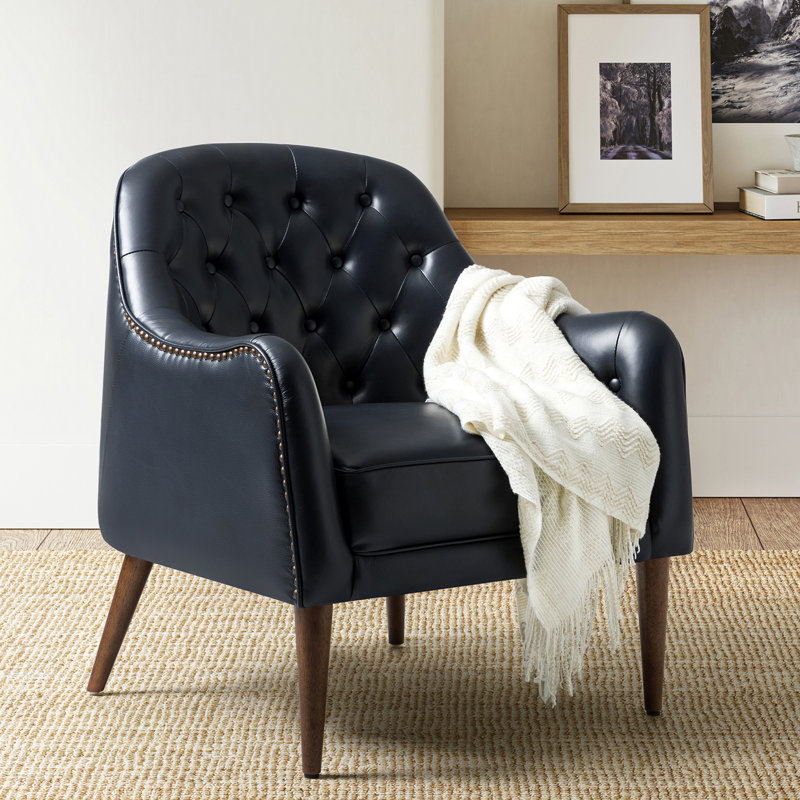 Rhinehart 28.5" Wide Genuine Leather Barrel Chair, Navy  Genuine Leather