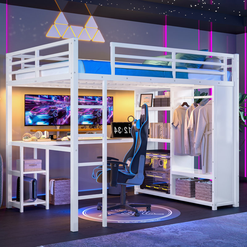 Queen Size Metal Loft Bed Frame with Desk, Built-in Wardrobe and Storage Shelves, Space-Saving High Loft Bed, White