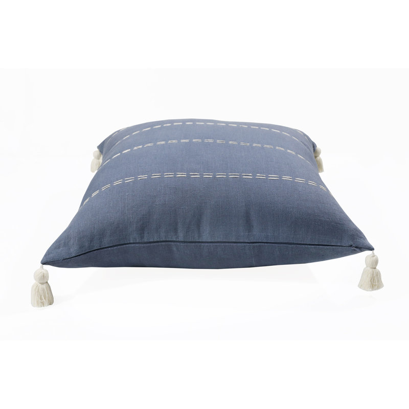 Navy Hand-Woven Embroidered Linen Throw Pillow with Tassels, 20" x 20"