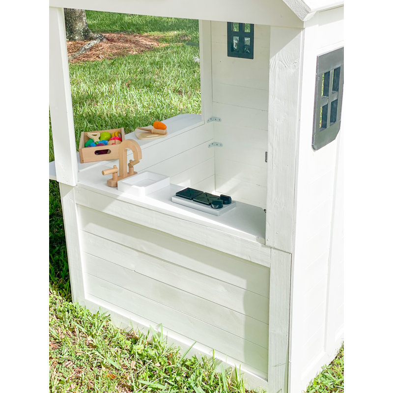 Ajure White and Black Cedar Wood Playhouse with Kitchen and Garden