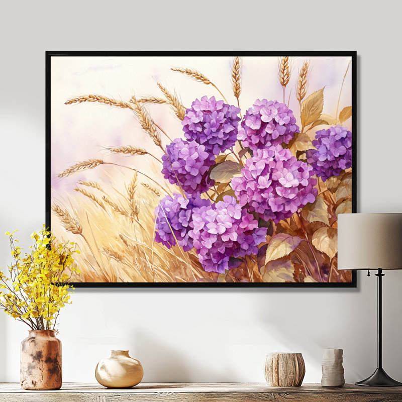 Hydrangeas In The Wheat Harvest III - Hydrangea Large Wall Art, 16" H x 32 W, Floater Framed Print, Black