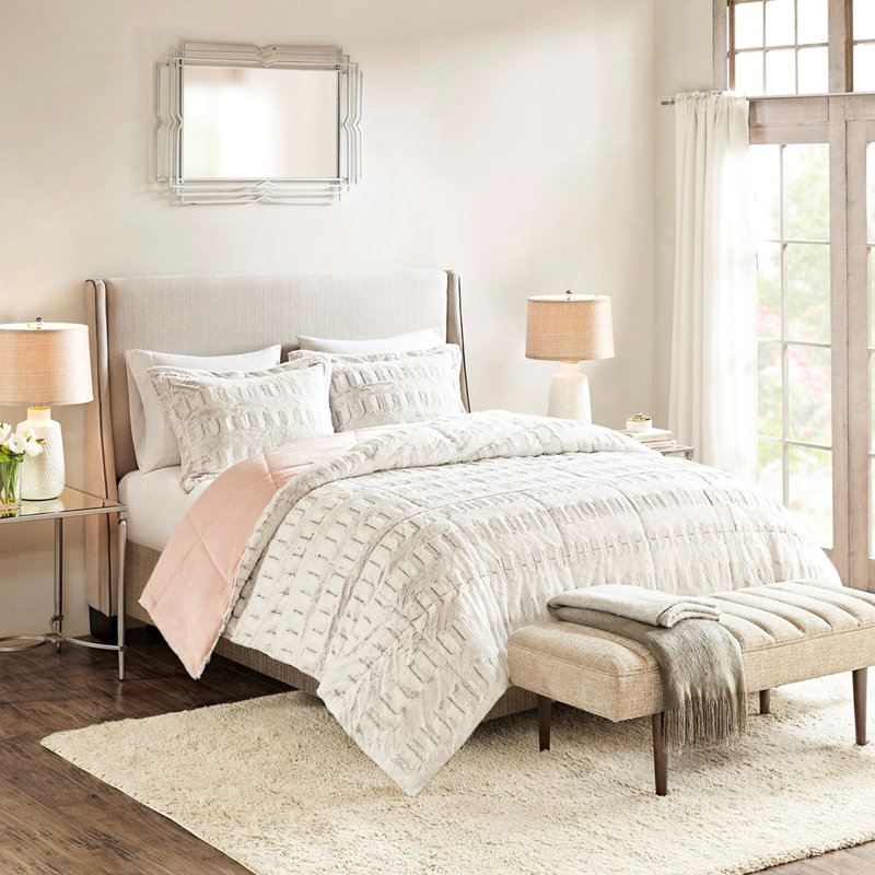 Édredon doux et long en fourrure blanche pour grand lit avec fonction réversible, Édredon grand et 2 taies décoratives