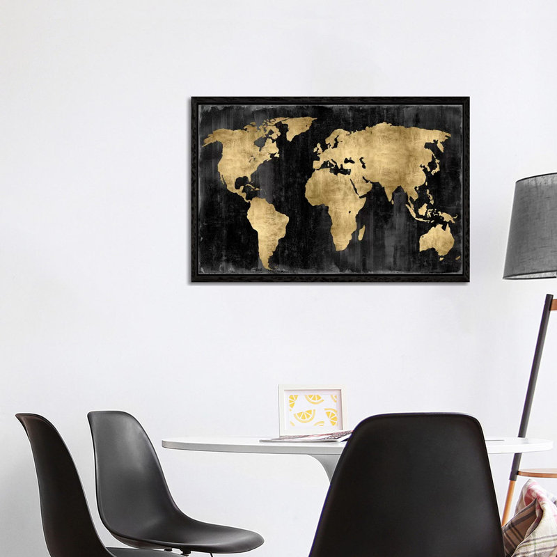 The World - Gold On Black by Russell Brennan - Painting on Canvas, 101.6 cm H x 66.04 cm W, Black Floater Framed