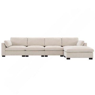 Modern 130-Inch L-Shape Chenille Modular Sectional Sofa with Folding Table, Dual-Port Charging, Side Storage Pockets & Free Movement Ottoman