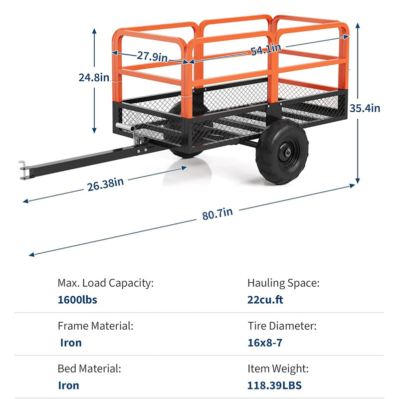 Chariot à benne de jardin robuste, chariot de remorquage en acier de 22 pieds cubes avec 2 roues, Orange