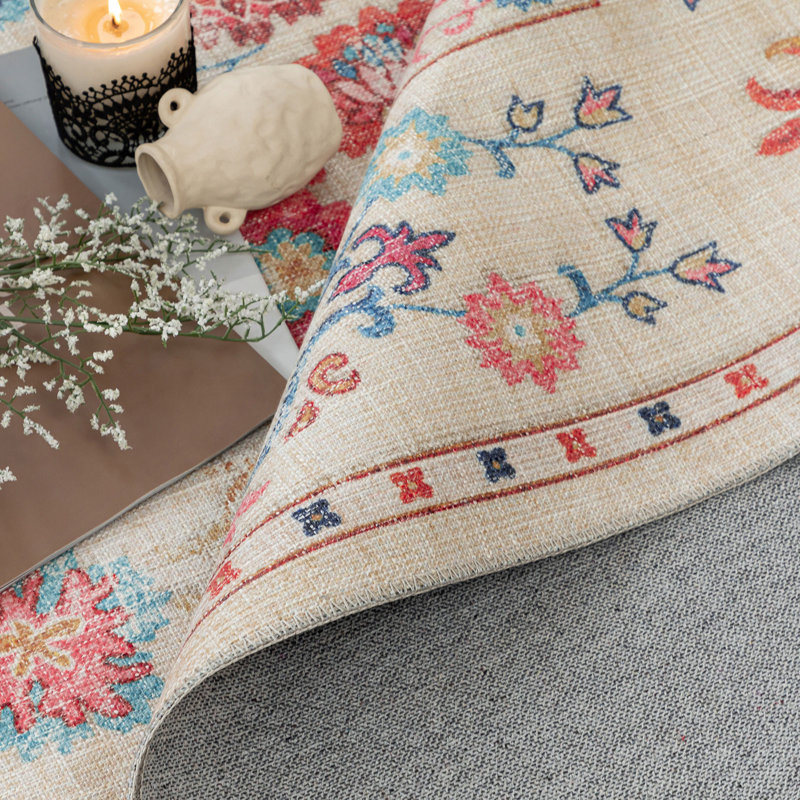 Tapis antidérapant Piny lavable traditionnel à motif floral rose / encre / multicolore, Rectangle 5 pi x 7 pi