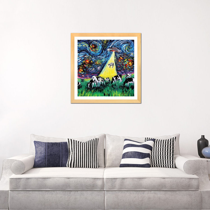 " Van Gogh Was Never Abducted " by Aja Trier, White, 24" H x 24" W x 1" D, Beige Wood Framed Paper
