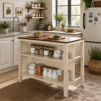 Îlot de cuisine 45 po en bois massif avec table de préparation en bois d'hévéa et 2 tablettes ouvertes pour petits espaces