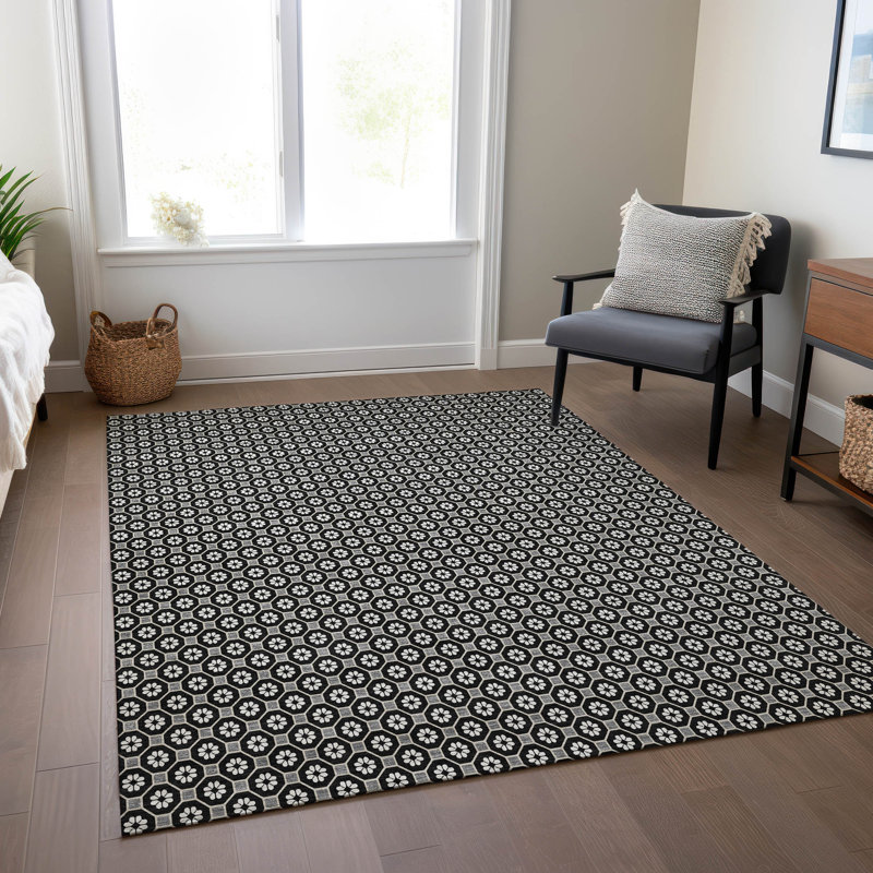 Black Synthetic Flat Woven 5' x 7' Washable Rug