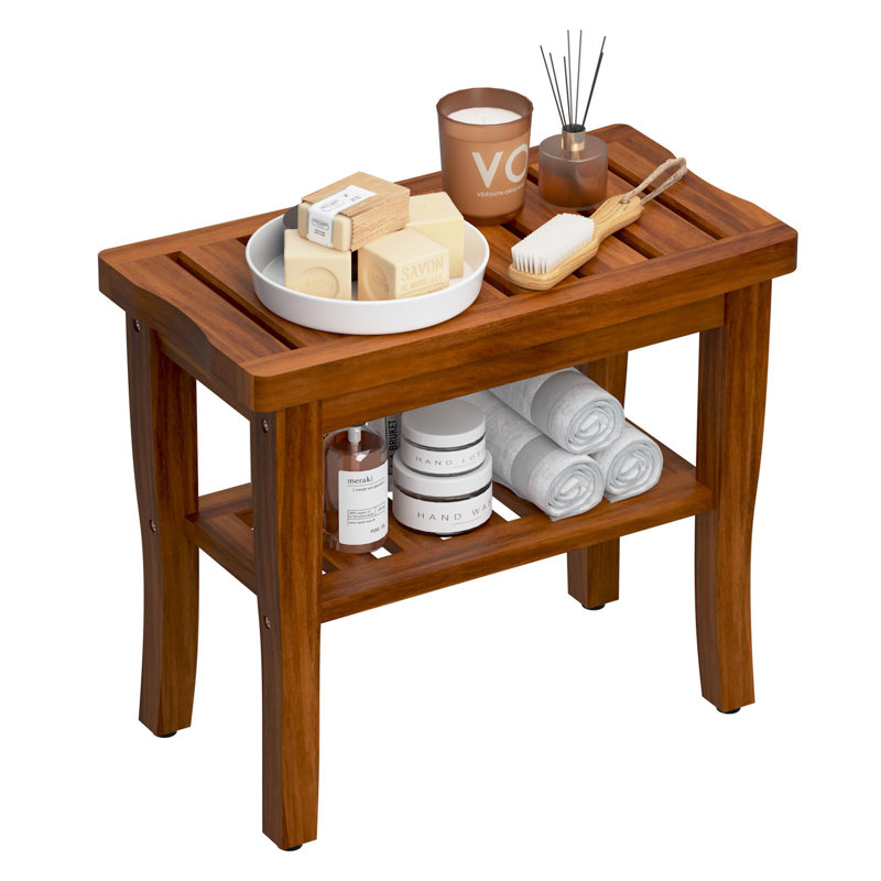 Tabouret de banc de douche en teck avec tablette de rangement, siège de baignoire spa imperméable, tabouret de douche pour la douche intérieure, banc de salle de bain