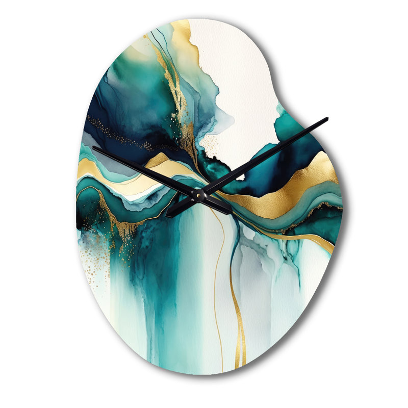 Horloge murale sarcelle et or abstraite Expression I - encre liquide asymétrique en métal, impression d'horloge murale moderne de forme unique