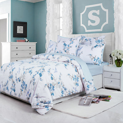  800TC 100% Egyptian Cotton Duvet Cover Set，3pcs Luxury Blue Watercolor Floral Shabby Chic Bedding Set, Aesthetic Botanical Pattern Aesthetic Botanical Pattern for Bedroom Guest Room Student Dorm All Seasons