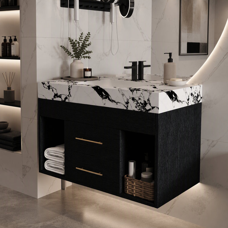 Wall Mounted Single Double Single Vanity Bathroom Vanity With Stone Top, Black,Black White