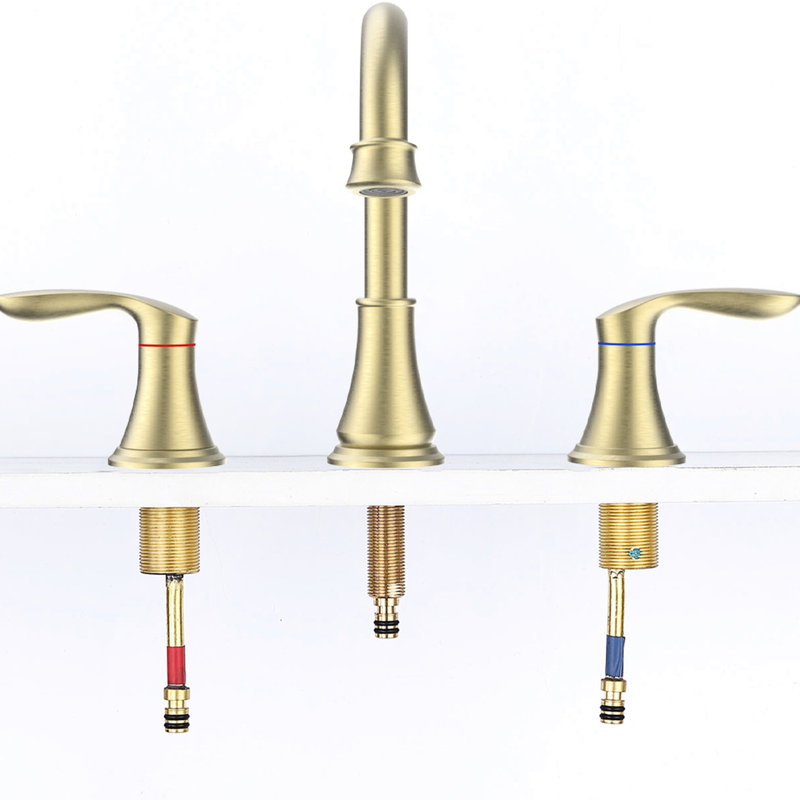 Brushed Gold 3 Hole Bathroom Faucet 8" Widespread - 2 Handle Copper Levers, 360 Rotatable Spout, Stable Structure Metal To Temperature Changes
