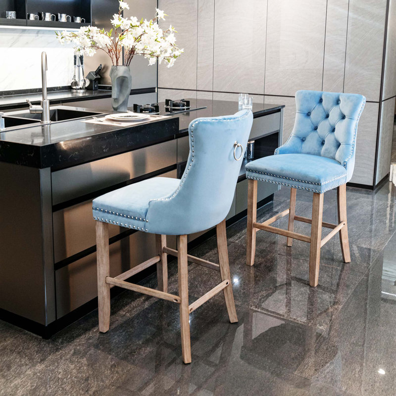 Original Product Name: Contemporary Velvet Upholstered Barstools With Button Tufted Decoration And Wooden Legs, Blue, Wood