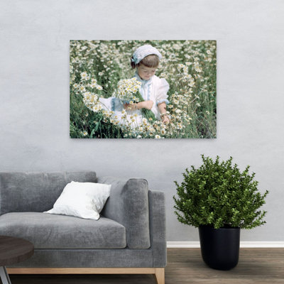 1950S 1960S Little Girl In White Hat And Dress Picking Wildflowers Daises Sitting In A Wild Flower Daisy Field Classic Retro Vintage Daisy Flower N...