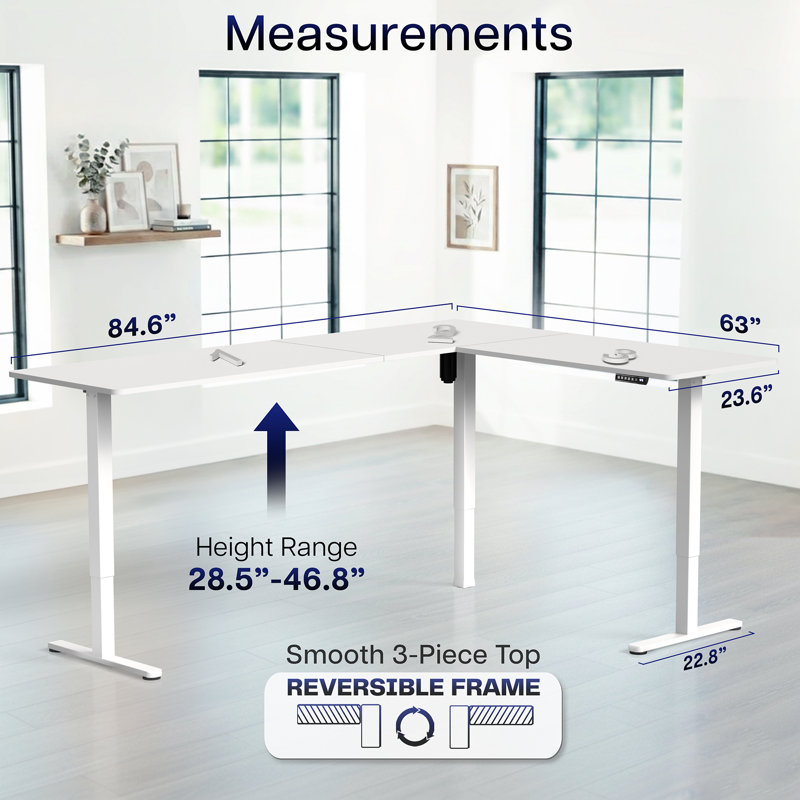 VIVO Electric Corner Standing Desk, L-Shaped Workstation, White, 84.6" W x 23.6" D