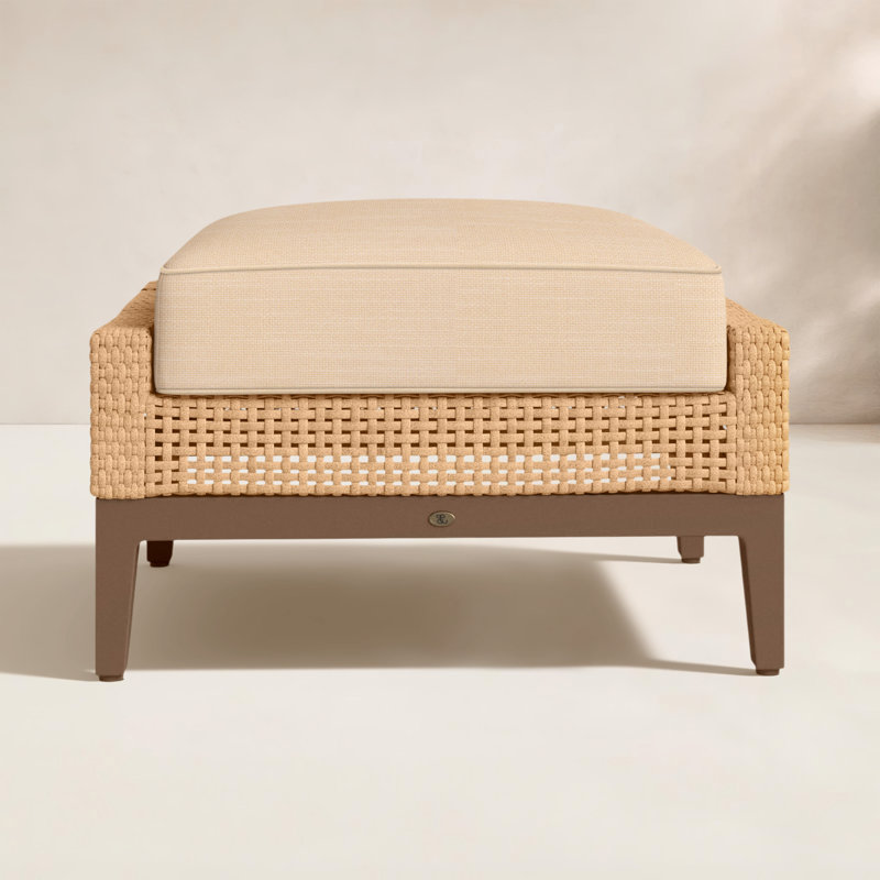 Peninsula Outdoor Ottoman with Cushion, Light Raffia/Natural Sandalwood, Rollo Lace, Welt + Standard fill